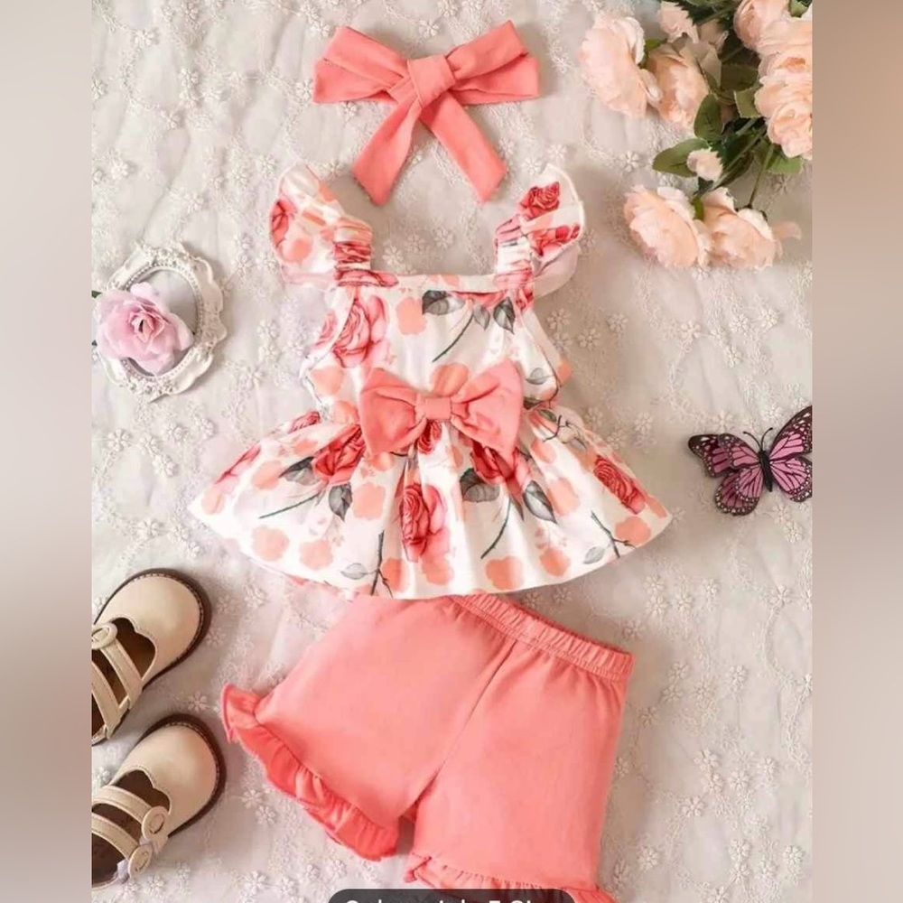 3 pcs cute floral graphic bowknot ruffle sleeve top and shorts and headband